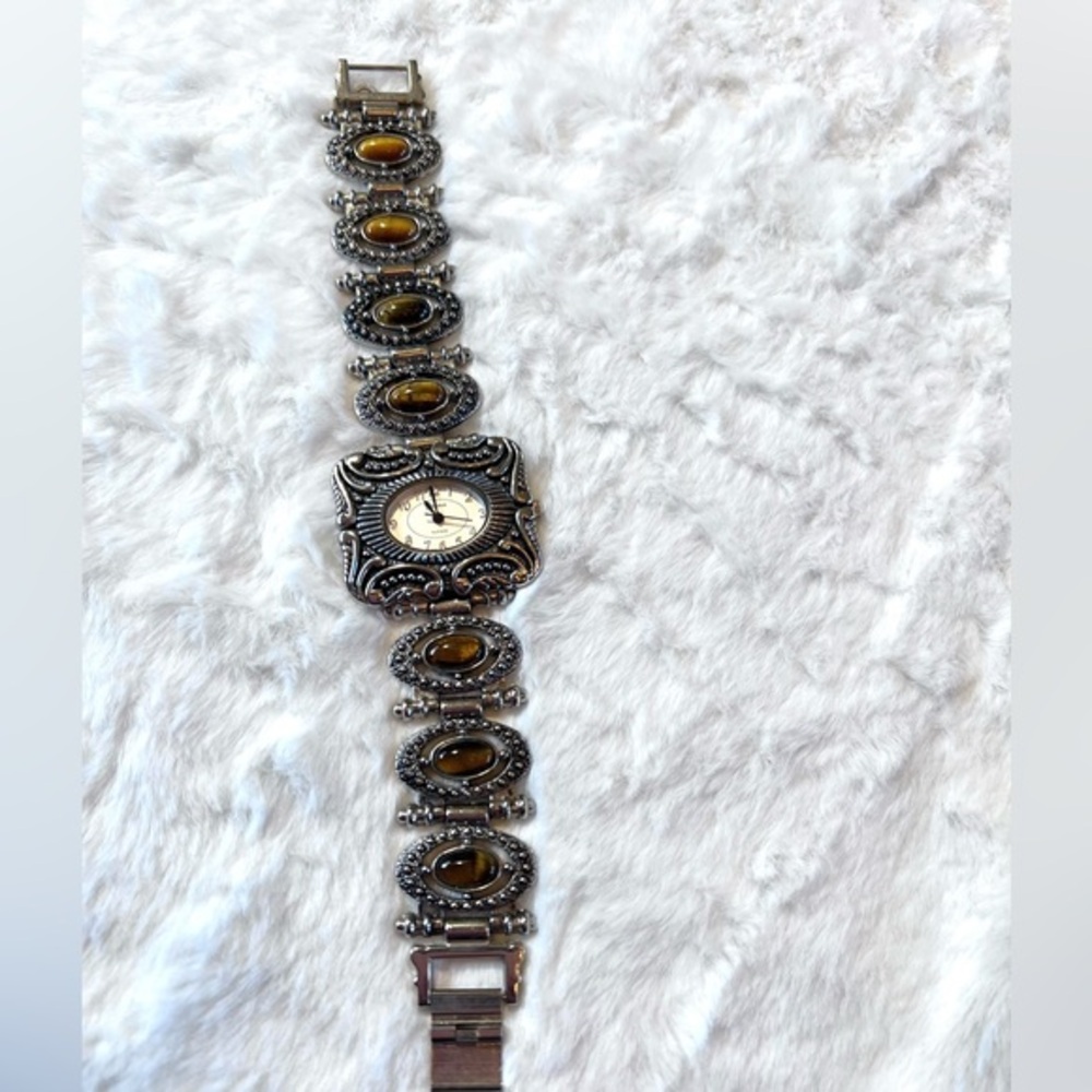 Womens Vintage Style Stainless Steel Back watch with tigers eye/marcasite accent